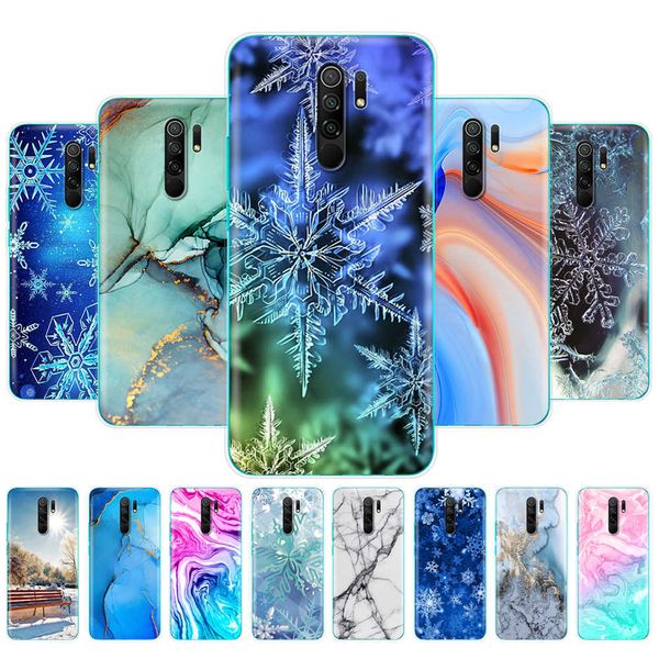 Para Xiaomi Redmi 9 Case 6,53 Polegada Silicone Back Phone Cover Soft TPU Coque Mármore Floco de Neve Inverno Natal