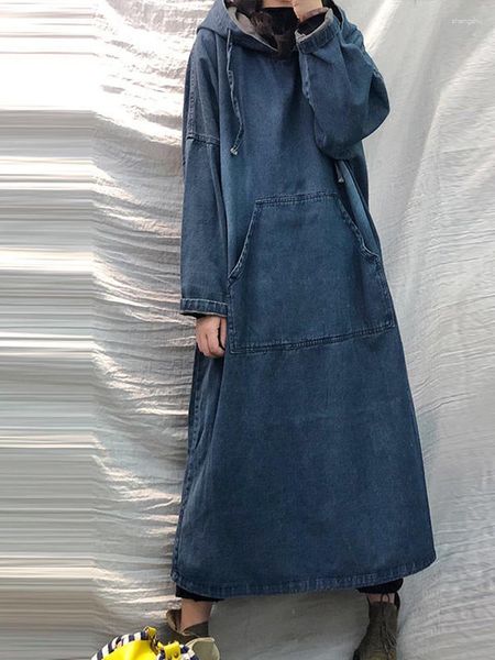 Casual Kleider Frauen Frühling Herbst Lange ärmeln Denim Kleid Weibliche Taste Tasche Vintage Baggy Damen Streetwear Midi Robe 2023