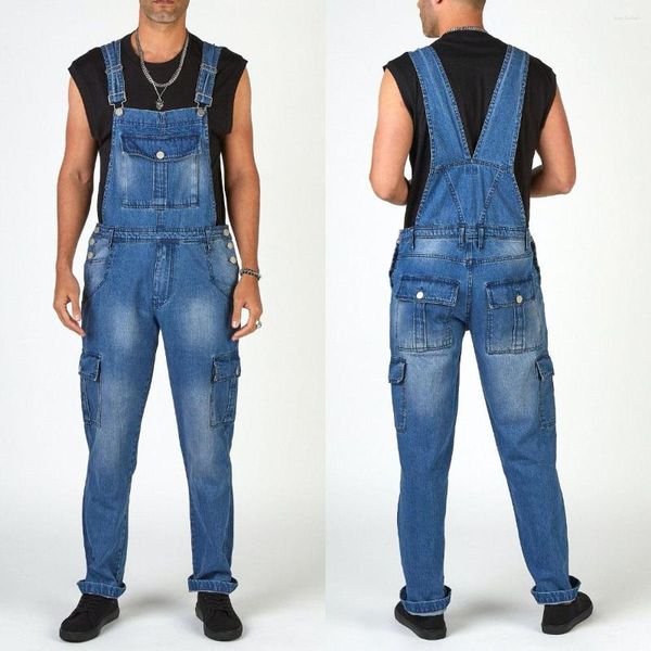 Männer Hosen Blau Denim Overalls Männer Frühling Casual Multi Taschen Cargo Jeans Overalls Mann Mode Hosenträger Lose Gerade Streetwear