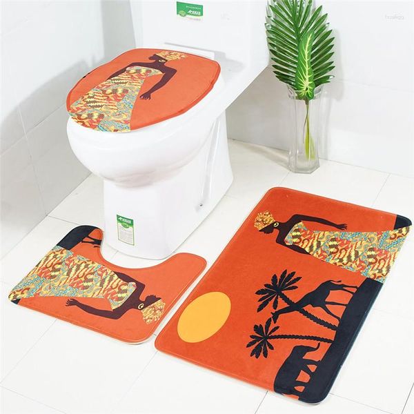 Tappeti stile tribù africana stampa flanella tappetino WC 3 pezzi tappetino bagno set copertura antiscivolo e tappeti
