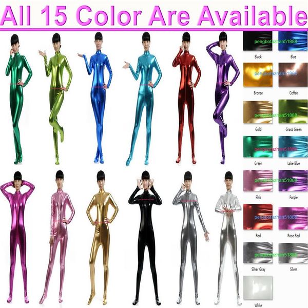 15 Farben glänzendes Lycra Metallic Damen Catsuit Kostüm vorne langer Reißverschluss Sexy Damen Strumpfhosen Body Suit Kostüme Halloween Party 321v