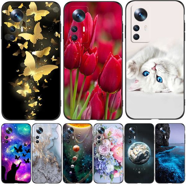 Para Xiaomi 12T Pro Case Mi Phone Back Cover Soft Silicone Protective Black Tpu 302 Cat Cute Marble