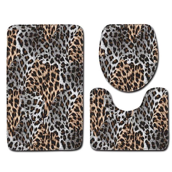 Moda padrão leopardo 3 pçs tapetes de banho banheiro tapete flanela antiderrapante decoração do banheiro falso pele de animal conjuntos de tapete de banho 21246i