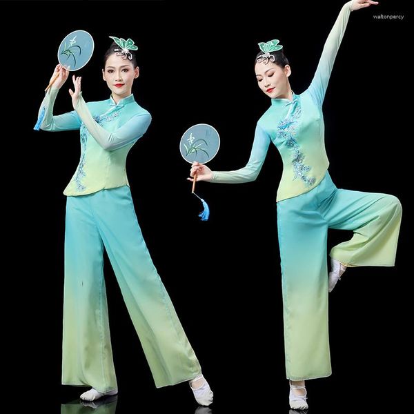 Abbigliamento da palcoscenico Costumi di danza del tamburo della vita nazionale classica classica in stile cinese Abbigliamento Yangko blu Ventaglio orientale tradizionale