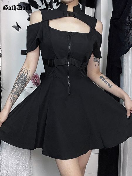 Abiti casual di base Goth Dark Techwear Buckle Patchwork Nero Gothic Grunge Spalla aperta Donna Streetwear Cut Out Zip Up Aline Party Dress 230715