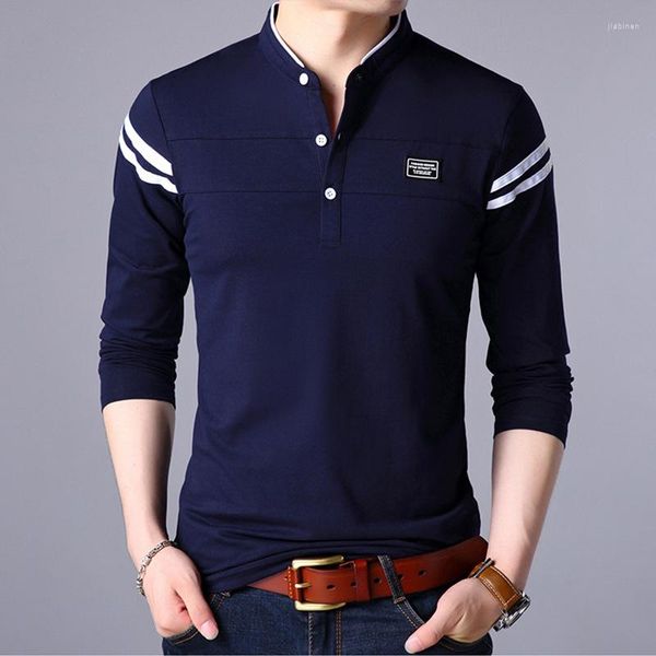 Camisetas Masculinas Camisa Masculina de Manga Comprida Tshirts Roupas Masculinas Moda Casual Clássico Gola Mandarim Tops de Algodão Tees Camisetas Masculinas