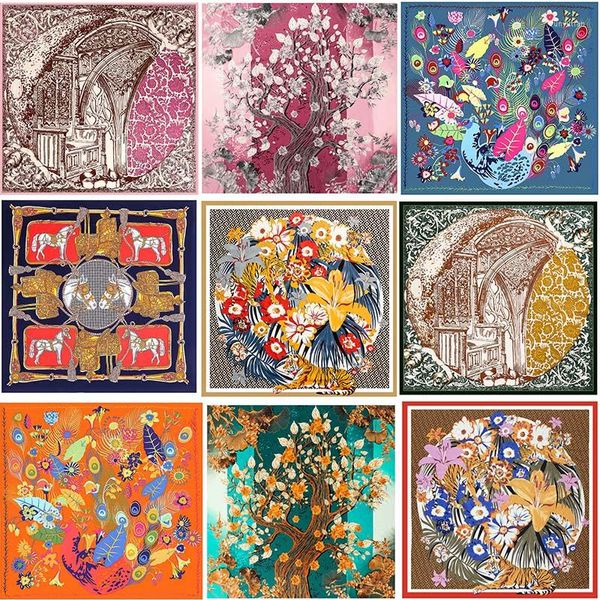 Sjaals Twill Silk Woman Scarf Lily Flower Printing Lady 130cm Grote Vierkante Hals Shawl Wrap Hoofddoek