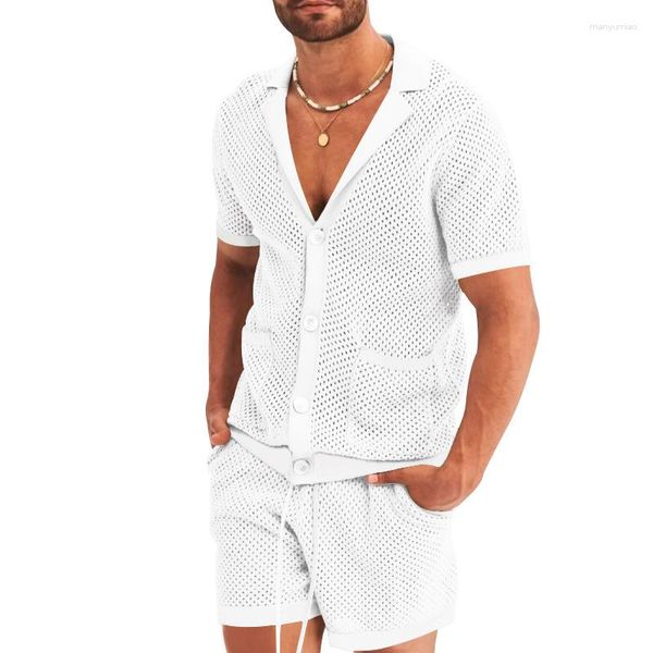 Männer Trainingsanzüge Transparent Streetwear Männer Set 2023 Lose Einfarbig V-ausschnitt Kurzarm T-shirt Shorts Casual Dünne 2 Stück Anzüge s-3XL