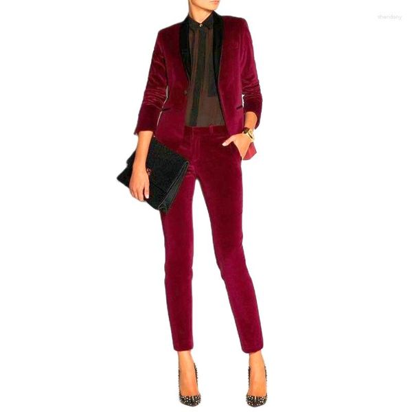 Pantaloni a due pezzi da donna Vino Rosso Velluto Abito da donna Smoking da ufficio da lavoro Su misura Slim 2 Fit Ternos Formale Prom Party Giacca da donna con