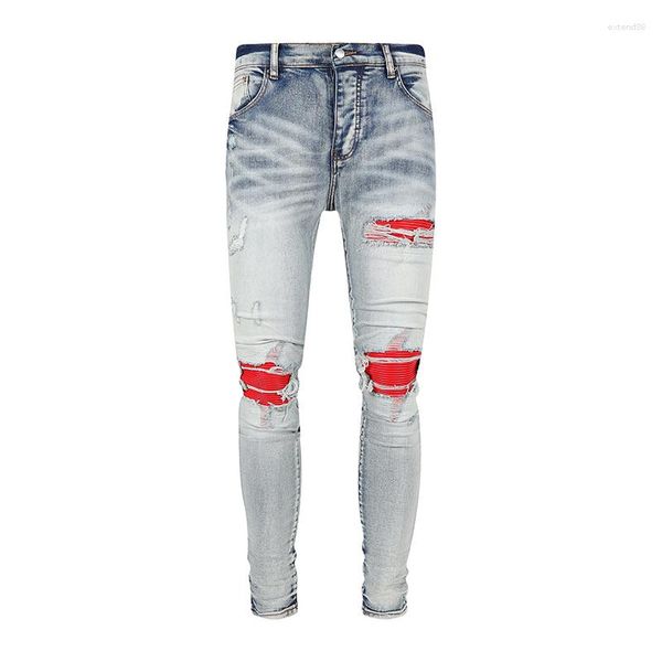 Jeans Masculino High Street Fashion Masculino Retro Light Blue Buttons Stretch Skinny Rasgado Vermelho Remendado Calças de Marca de Hip Hop