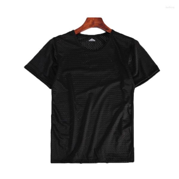 T-shirt da uomo Camicia in maglia cava di seta ghiacciata per uomo T-shirt estiva traspirante a maniche corte T-shirt ad asciugatura rapida T-shirt da corsa 4XL