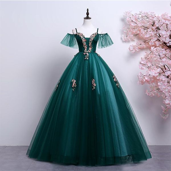 100 % echtes Ballkleid mit dunkelgrüner Stickerei, mittelalterliches Renaissance-Sissi-Prinzessinnenkleid, viktorianisches Marie-Belle-Ball-Mittelalterkleid235j