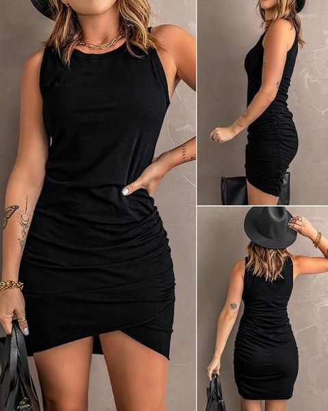 Abiti casual 2023 Girocollo increspato senza maniche aderente Mini abito Basic Donna Estate Black Party Sexy Clubwear Skinny Y2K Abbigliamento