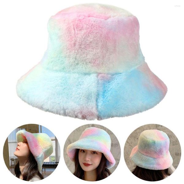 Berretti Soft Women Warm Fashion Tie-Dye Bucket Cappelli Berretto da pesca Cappello invernale Pelliccia sintetica