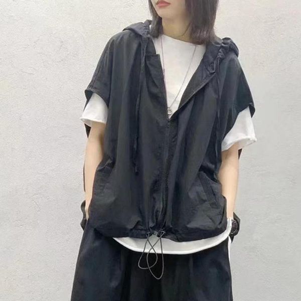 Erkek yelekleri harajuku kapüşonlu kolsuz hırka kadınlar vintage hip hop fermuar büyük boy kargo yeleği japonya tarzı gündelik ince ceketler