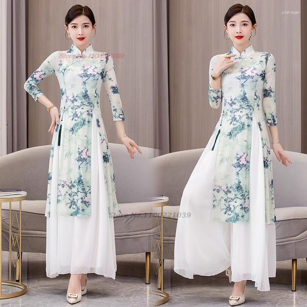 Сцена Wear 2023 Китайский винтажный платье Qipao национальное цветочное печатное штаны Set Elegant Folk Dance Performance Costume