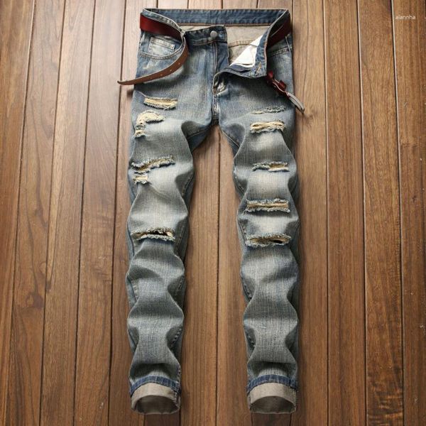 Мужские джинсы мужская уличная одежда для одежды для одежды весна и осенние классические ностальгические отверстия без качества прямой ноги повседневные