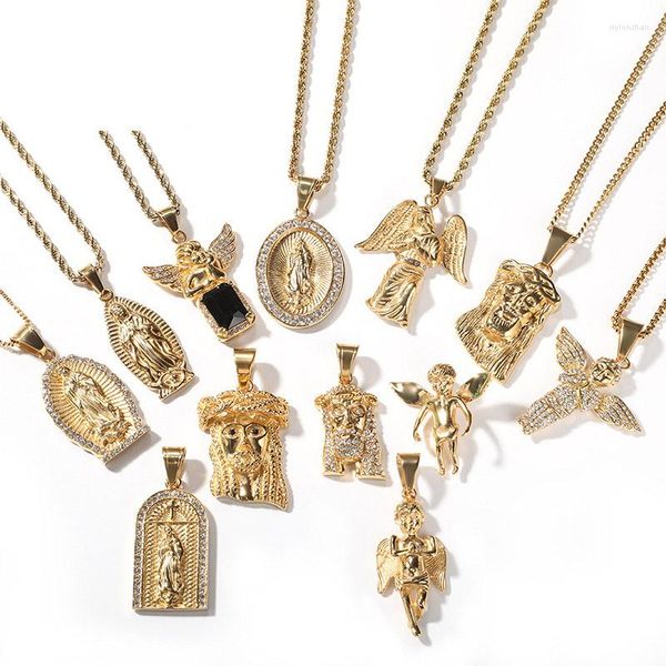 Kolye Kolyeler Hip Hop Bling Altın Renk Paslanmaz Çelik Angel Virgin Mary Jesus Parça Erkek Mücevherler için