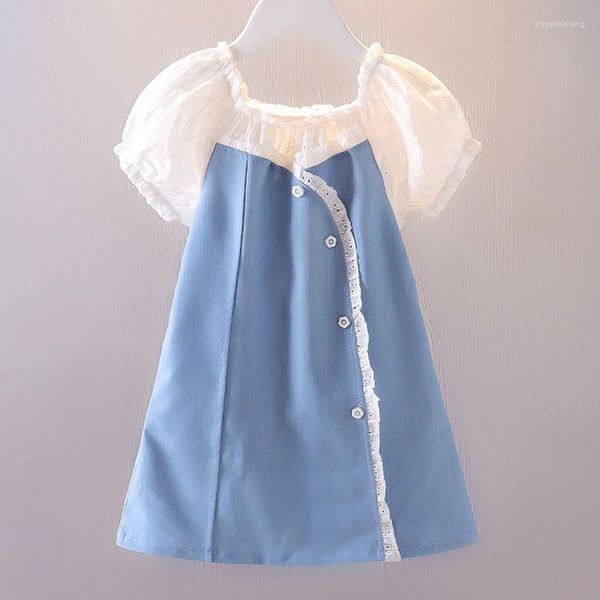 Kız elbise yaz çocuk elbise moda içi boş puflu kol prenses a-line denim pamuk yumuşak yürümeye başlayan çocuklar bebek a1096