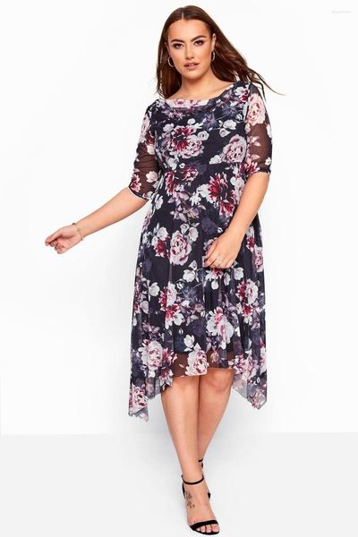 Vestidos de festa preto XL-5XL gola redonda meia manga floral vestido midi feminino verão praia boho