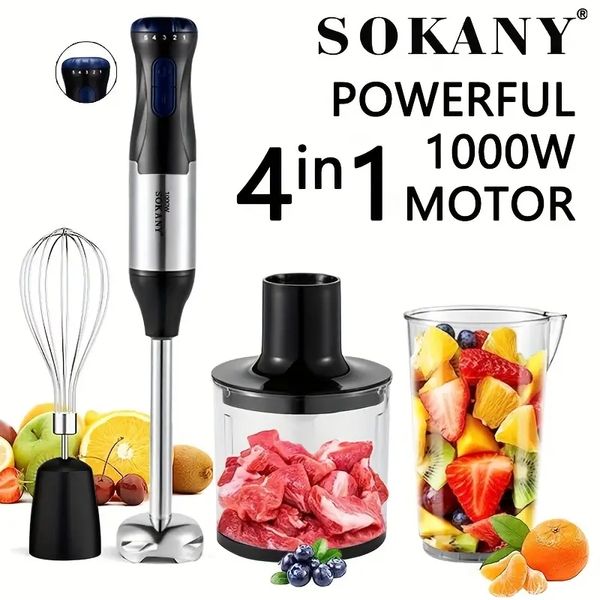 Liquidificador de imersão 4 em 1 com plugue dos EUA, liquidificador de 5 velocidades, poderoso liquidificador portátil de 1000 W com 304 lâminas de aço inoxidável, picador, copo, batedor para smoothie