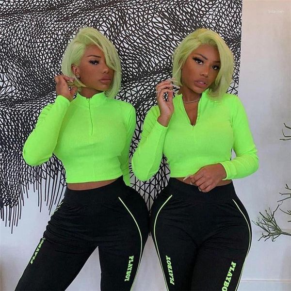 Aktive Shirts Zhangyunuo Crop Top Damen Yoga Langarmshirt Hochgeschlossenes, langärmliges, schmales fluoreszierendes T-Shirt Workout Sport Deep V Sport