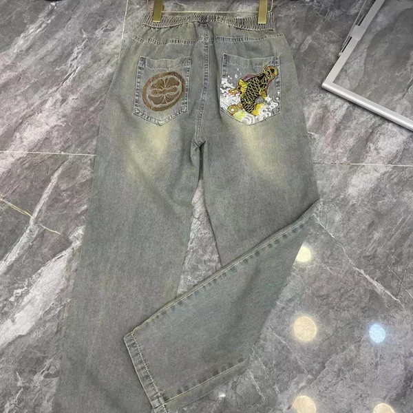 Вышитые модные модные мужские вымытые винтажные джинсы мужской иностранной стиль папа брюки мода