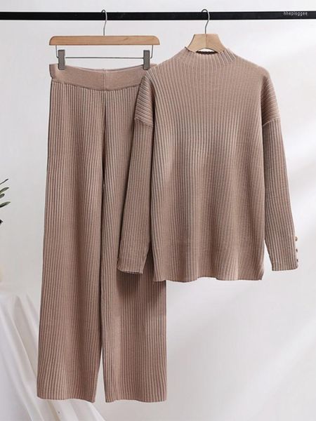 Calças femininas de duas peças conjunto de outono terno de malha calças casuais suéteres soltos perna larga tricô quente agasalho roupas de malha