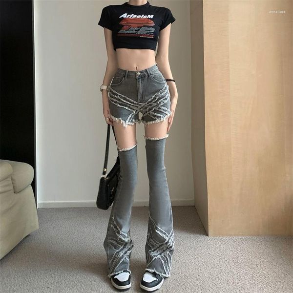 Damen Jeans Harajuku Sexy Denim Shorts mit grauen Fransen ausgestelltes Bein für Frauen Street Wear Y2k abnehmbarer Stil