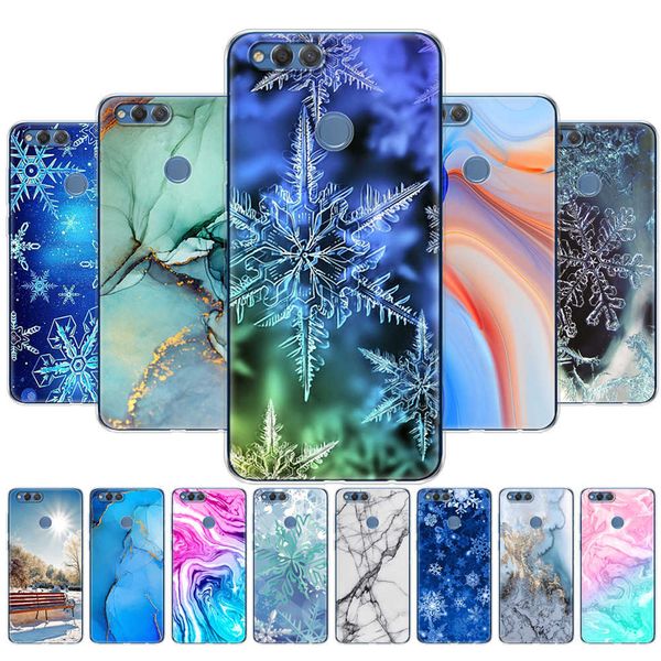 Per Huawei Honor 7X Custodia Soft Tpu Cover posteriore in silicone Cover su 7x Coque Bumper Fundas Marble Snow Flake Winter Christmas