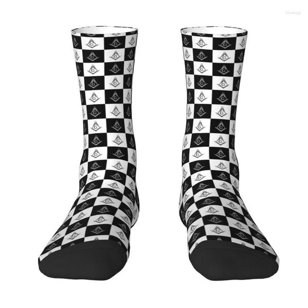 Herrensocken Mode Freimaurer Freimaurer Karomuster für Männer Frauen Stretch Sommer Herbst Winter Schwarz und Weiß Plaid Crew