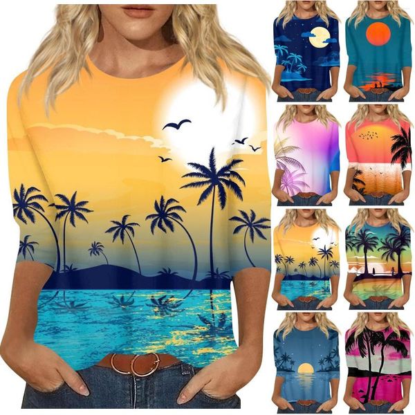T-shirt da donna Moda Casual Stile hawaiano da spiaggia T-shirt girocollo stampata con maniche a 3/4 Top stampa Top e camicette da donna