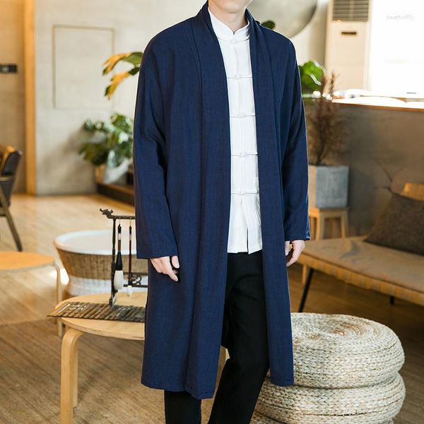 Trench Coats Masculino 2023 Casuais de Alta Qualidade Melindrosa Corta-vento Estilo Chinês Robe Taoísta Capa Cardigan de Linho Solto