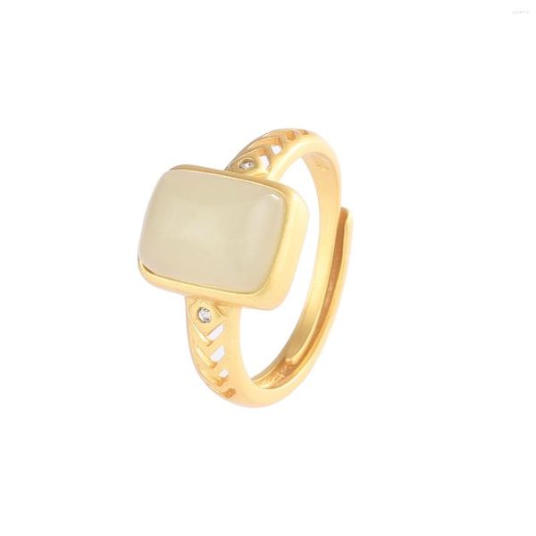 Anelli a grappolo JZ027 ZFSILVER Argento S925 Fashion Trendy Hetian Jade Gold Luxury Geometry regolabile Rectangle Ring Women Wedding Party