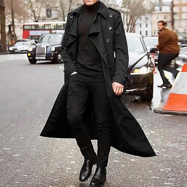 Мужские траншевые пальто 2023 Весенние двойные двойные грудки мужчины винтажная модная куртка модная куртка Деловая сплошная сплошная пальто