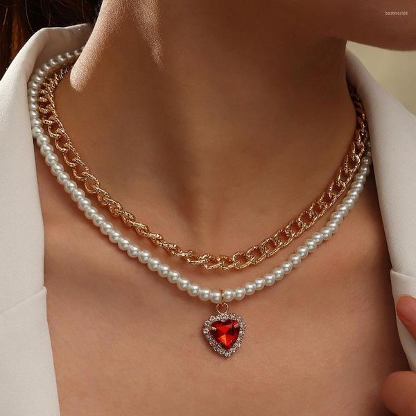 Anhänger Halsketten Mode Imitation Perle Doppelschicht Halskette Grün Schwarz Rot Kristall Eingelegten Strass Liebe Hochzeit Schmuck