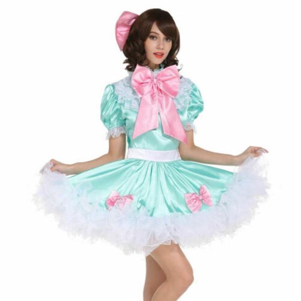 Sissy Girl Lockable Maid Bow Dress Traje Satin Puffy Crossdress Traje Transexual para Exposição de Animação Férias na Praia Sexy 245e