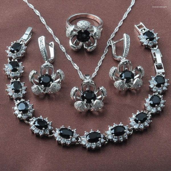 Collana Orecchini Set Incredibile Cristallo Nero Colore Argento Per Le Donne Regalo Di Natale Anelli Bracciale YZ0618