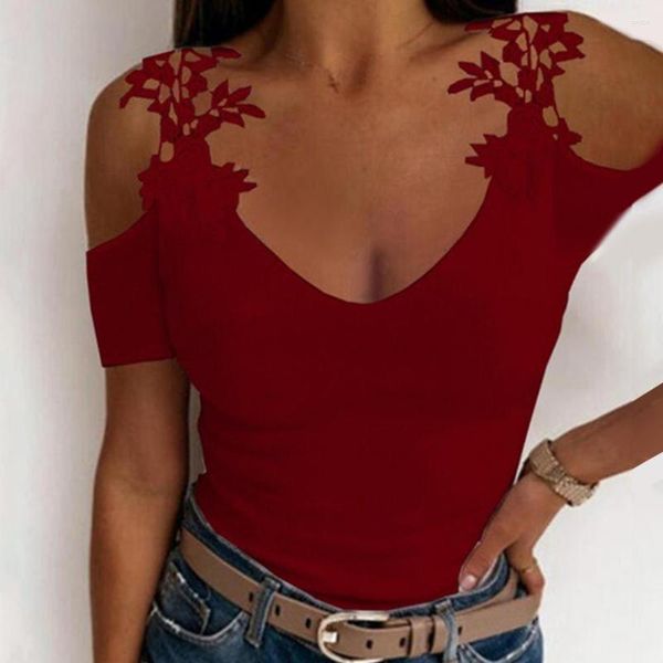 Kadın bluzları Çiçek Dekor Lady T-Shirt Zarif Dantel Kapalı Omuz Yaz Top İnce Fit U Boyun Bluz Yumuşak Şık görünümlü Kadınlar