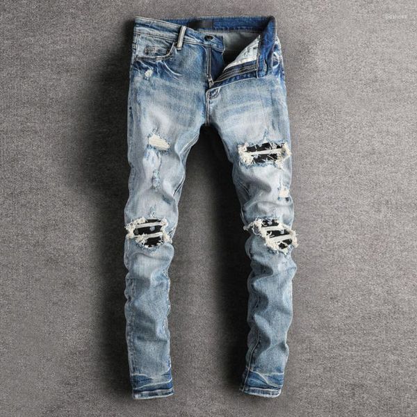 Jeans Masculino Streetwear Moda Masculina Retro Azul Elástico Ajuste Justo Destroyed Rasgado Remendado Calça Denim De Marca Hip Hop