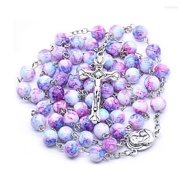 Collane con ciondolo Perline di vetro rotonde fatte a mano Rosario cattolico Collana con croce della Vergine Maria per le donne Regali di gioielli religiosi