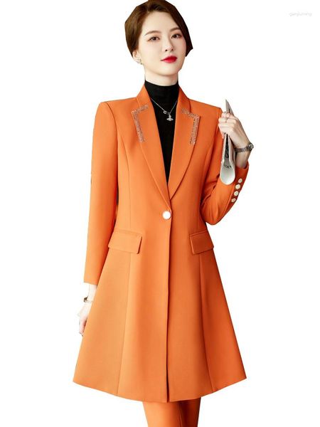 Calças femininas de duas peças, conjunto de blazer feminino para trabalho, terno cáqui, laranja, longo formal, conjunto de blazer feminino para escritório, jaqueta e calça feminina