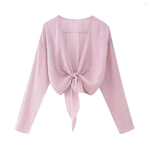 Camicette da donna Donna 2023 Fashion Summer Knot Trim Pattern Short Top Vintage scollo a V a maniche lunghe All-Fiammifero Casual Chic Camicie da donna Top