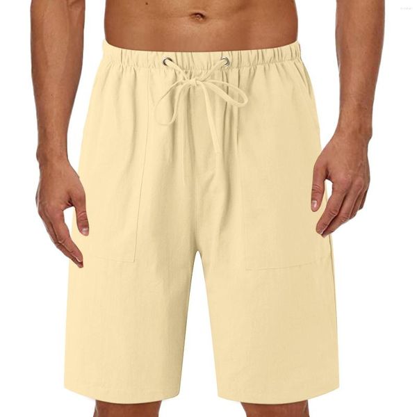 Shorts masculinos de linho de algodão calças curtas masculinos casuais Pantalones Cortos Bolso com cordão sólido Calças esportivas de verão de cinco pontas