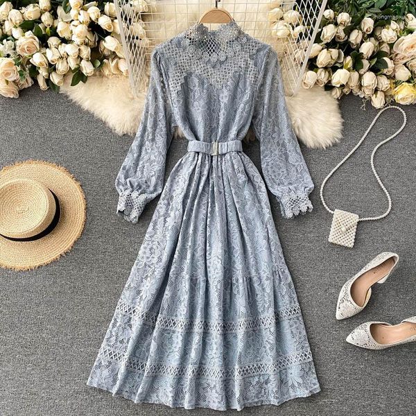 Vestidos casuais vintage renda oca vestido feminino outono 2023 gola alta manga longa cintura alta doce preto/rosa/bege robe moda