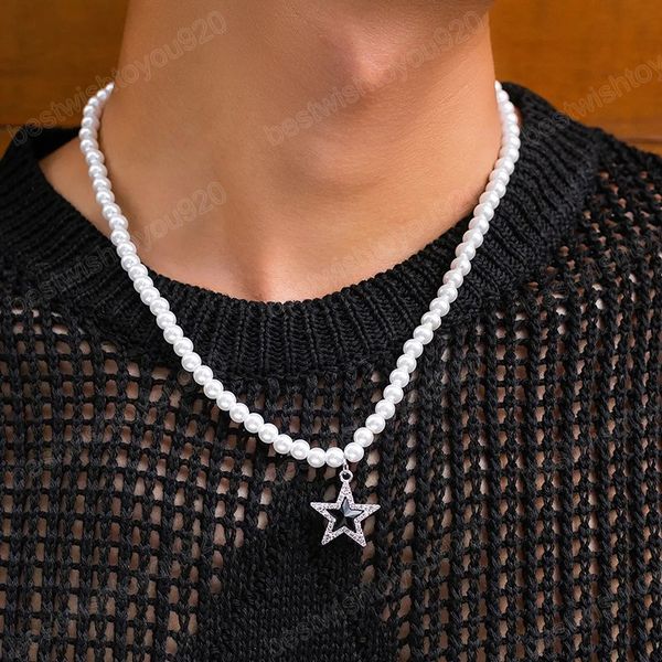 Catene con perline di perle finte con ciondolo a forma di stella Collana per uomo Collane girocollo con perline alla moda Accessori per gioielli di moda