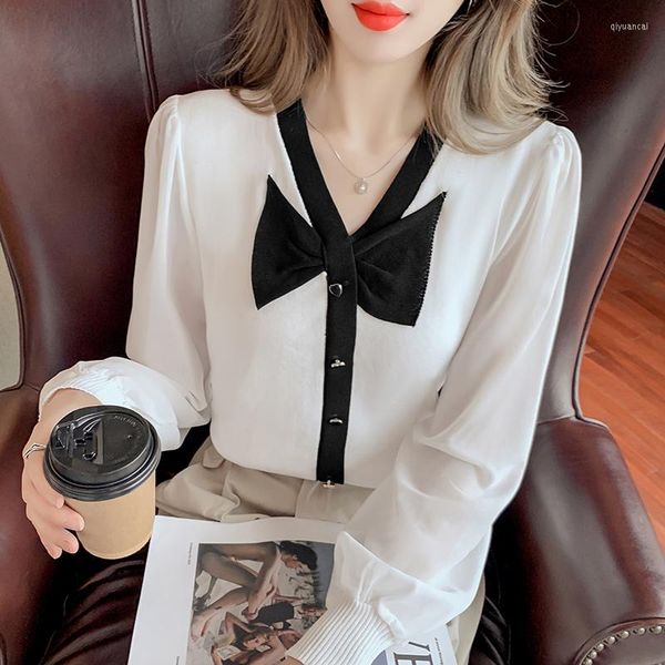 Maglioni da donna Maglione in maglia patchwork con maniche in chiffon con collo a fiocco per donna Top pullover corto per ragazza streetwear moda coreana