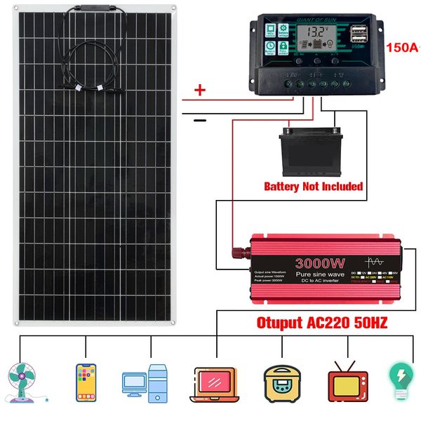Diğer Elektronik 300W Güneş Paneli 12V - 110V/220V 3000W Saf Sinüs Dalga İnverter Güneş Güç Sistemi Kiti Pil Şarj Cihazı Tam Güç Üretimi 230715