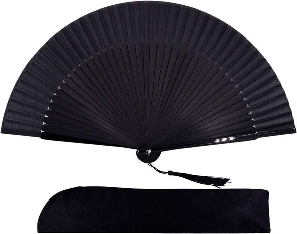 Ventaglio pieghevole in seta di bambù tenuto in mano da 21 cm, cinese/giapponese affascinante elegante stile retrò vintage, regali per ragazze da donna (nero)