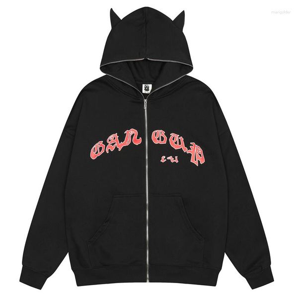 Erkek Hoodies 2023 Erkek Hoodie Şeytan Boynuz Mektubu Baskılı Zip Up Kapüşonlu Sweatshirt Ceket Harajuku Vintage Street Giyim Gevşek Cadılar Bayramı